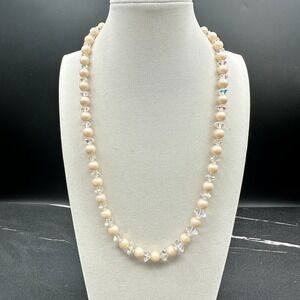 Vintage Cream Peach Faux Pearl Clear Crystal Choker Necklace 21" Classic Glam